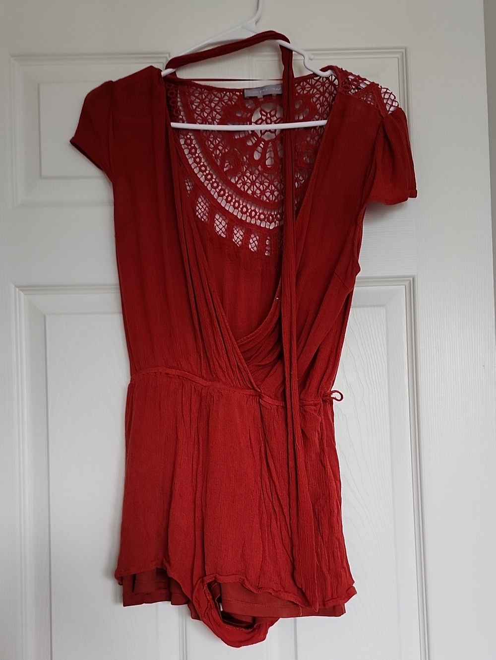 Red Crochet-Back Short Sleeve Wrap Romper